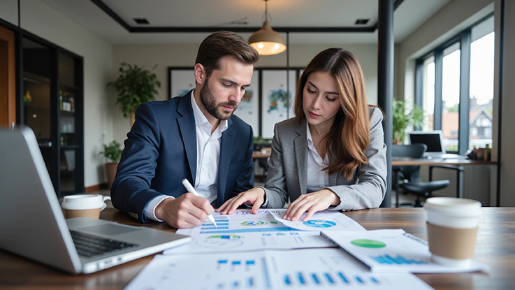 A team of professionals analyzing graphs and reports in a modern
